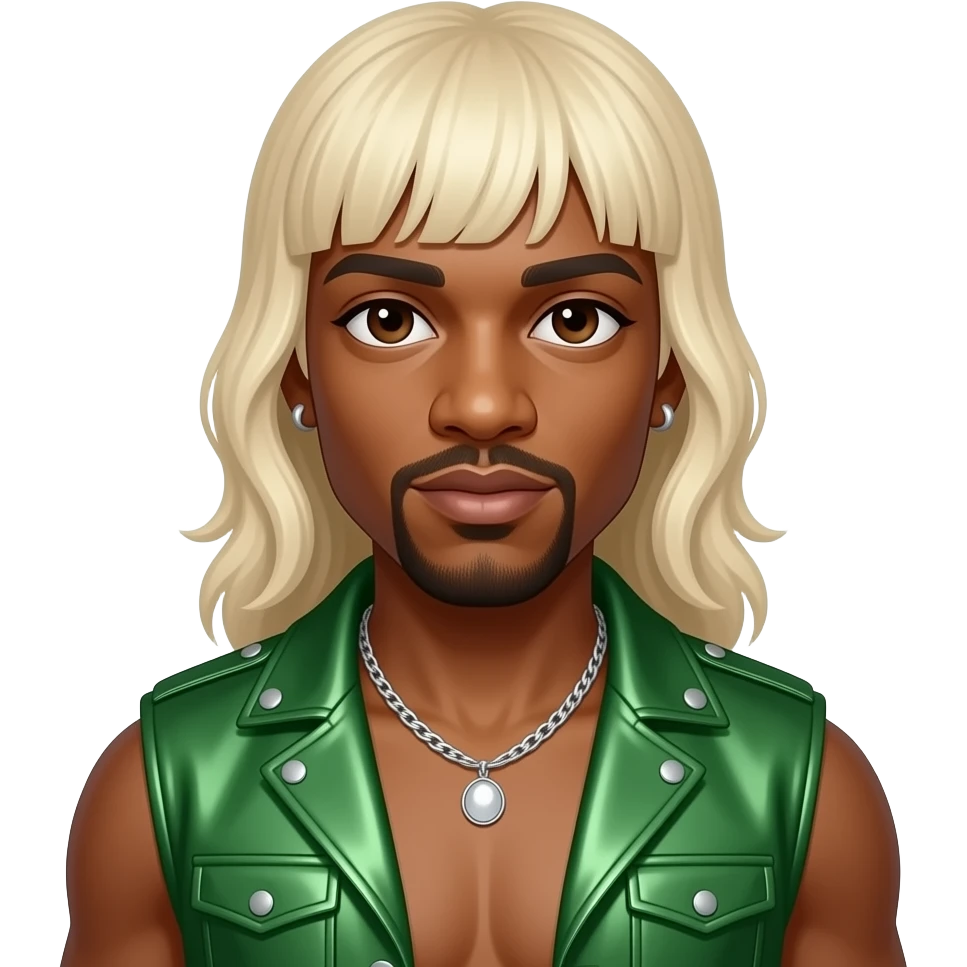 Andre 3000 from Outkast with dark brown eyes, long platinum blonde hair with bang, green metallic vest, shirtless with necklace and earrings emoji