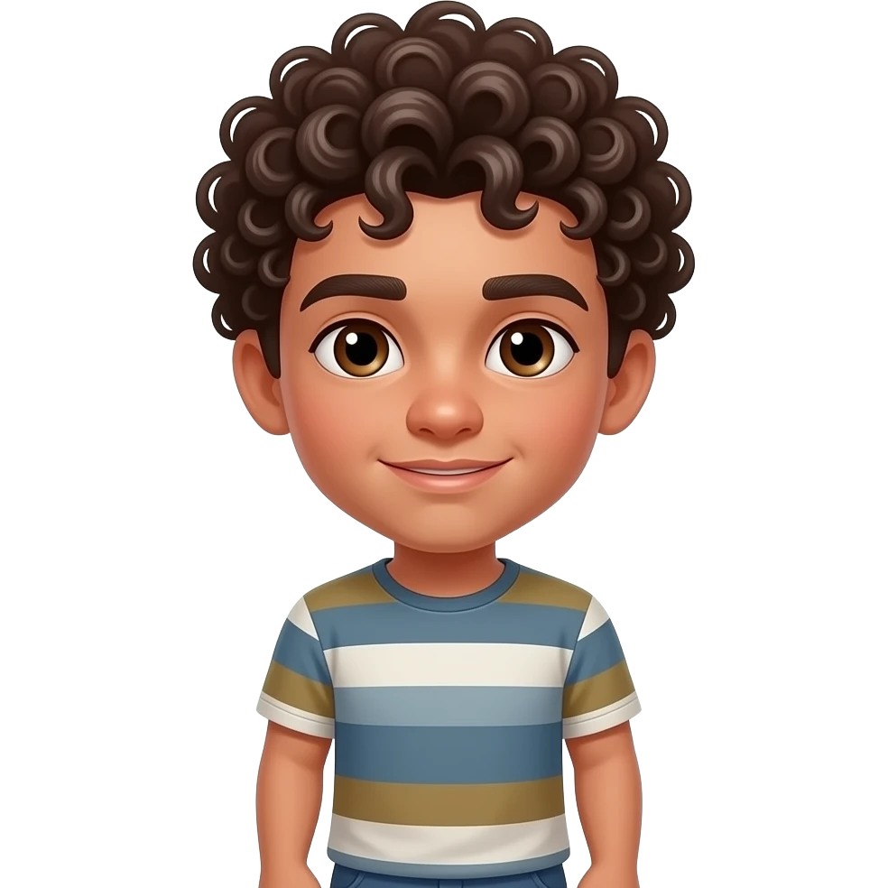 Hazme un chico con pelo rizado hacia abajo, ojos marrones, boca y nariz mediana. Bajito de constitución un poco fuerte un poco bronceado, camiseta y pantalon corto emoji