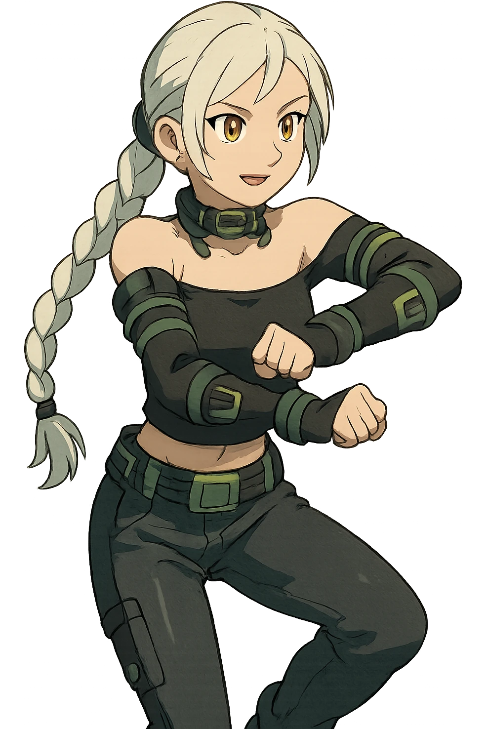 1 female, gold yellow eyes, long white braid, black off shoulder top, futurepunk cybergoth doing “oppa gangnam style”  dance emoji