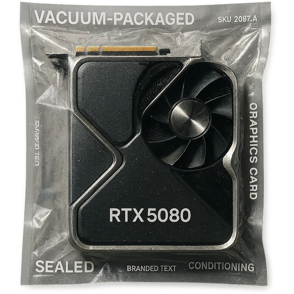 vacuum-sealed RTX 5080 graphics card, compressed and shiny emoji