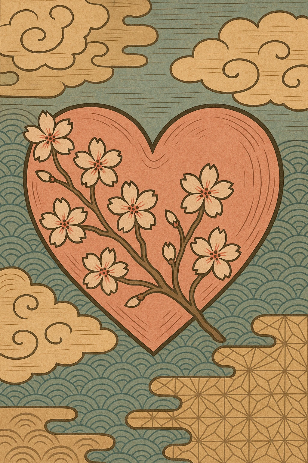 pink heart with sakura flowers, ukiyo-e style emoji