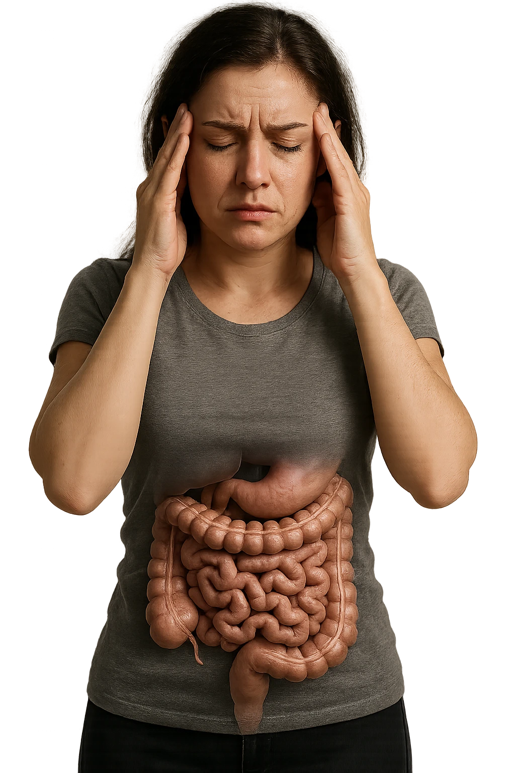 donna con intestino umano realisticoù che si tiene le mani sulle tempie, espressione stanca, iperrealistica 4k emoji
