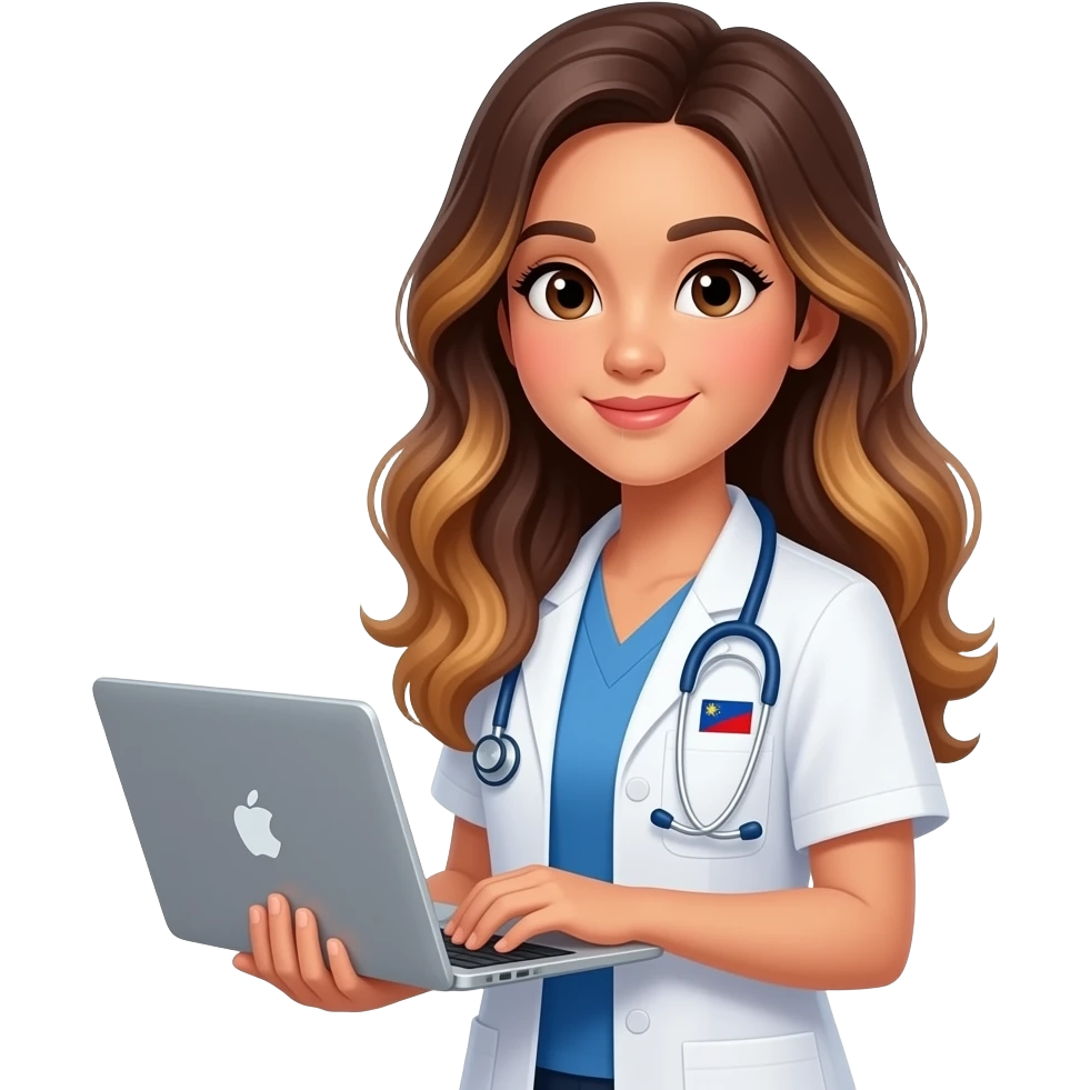 Beautiful Filipino girl with long  wavy hair brown balayage medical student studying with laptop emoji