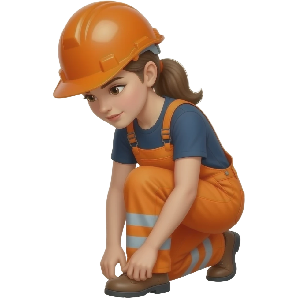 woman, in full orange hi-vis overalls with sleeves and hard hat, looking at feet emoji