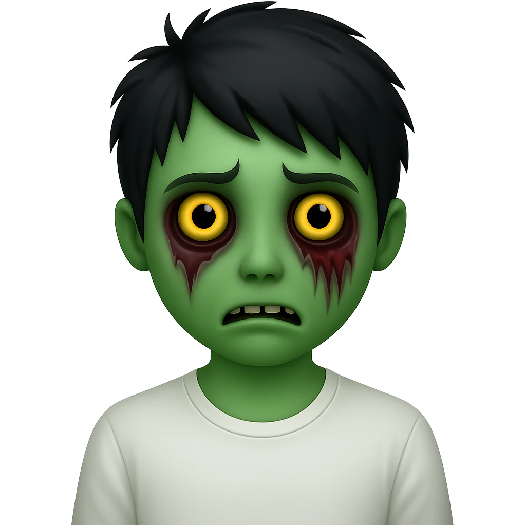 Add green skin to the zombie boy with black shaggy emo hair, creepy and spooky face, wearing a white shirt, no background, in emoji style. emoji