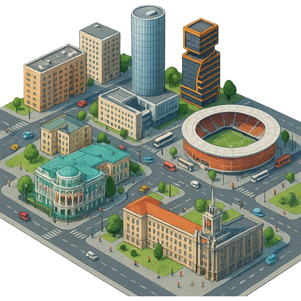 Изометричная миниатюрная фотореалистичная 3D модель Екатеринбурга - Дом Севастьянова, Ельцин-центр, Уральский федеральный университет, дома, Екатеринбург Арена, Штаб-квартира Русской медной компании, Здание Свердловского городского совета народных депутатов, четкие линии, яркие цвета, мультяшный реализм, люди, автотранспорт, компактная композиция, вид сверху в изометрии, прозрачный фон emoji