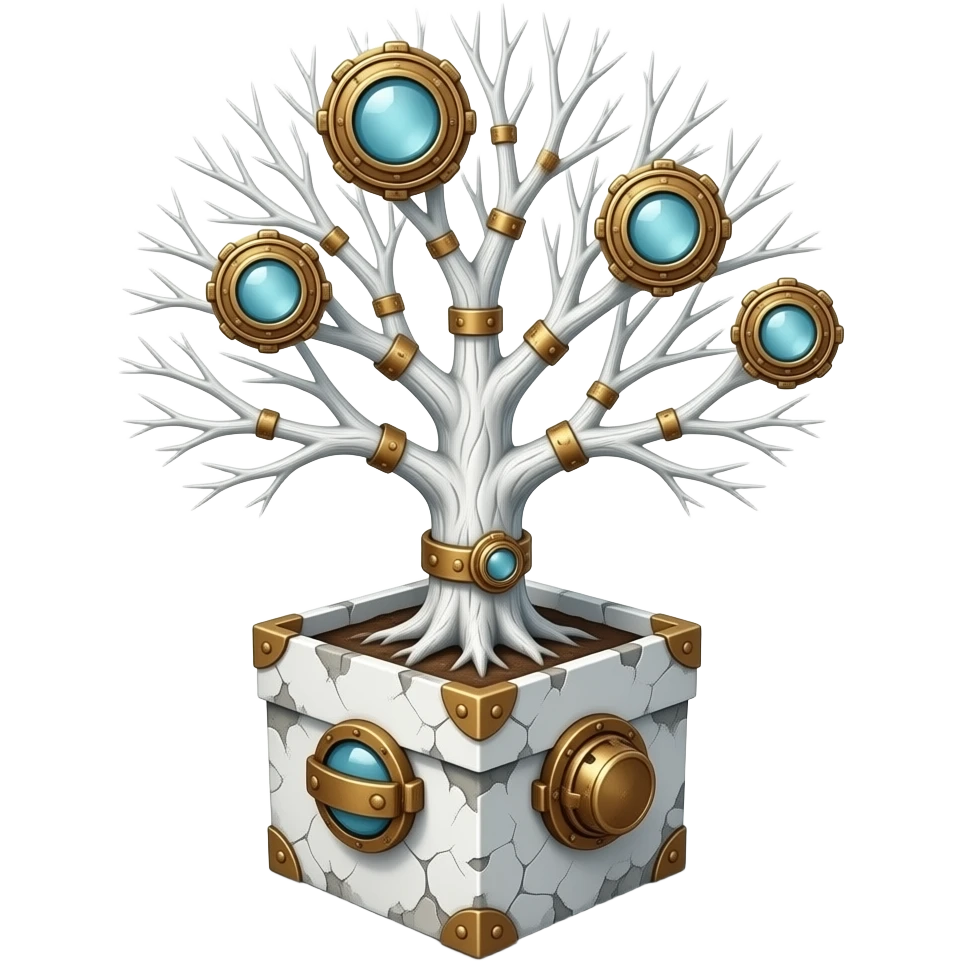 steampunk - white bare old tree grows from a dilapidated white box emoji