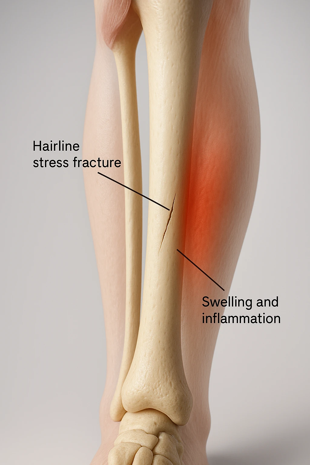3D realistic medical illustration: a close-up of a human lower leg (tibia), showing the bone with a visible hairline stress fracture. The surrounding soft tissue is semi-transparent, highlighting mild swelling and inflammation. Educational labels point to the fracture site. The background is clean and clinical, with a subtle gradient. emoji