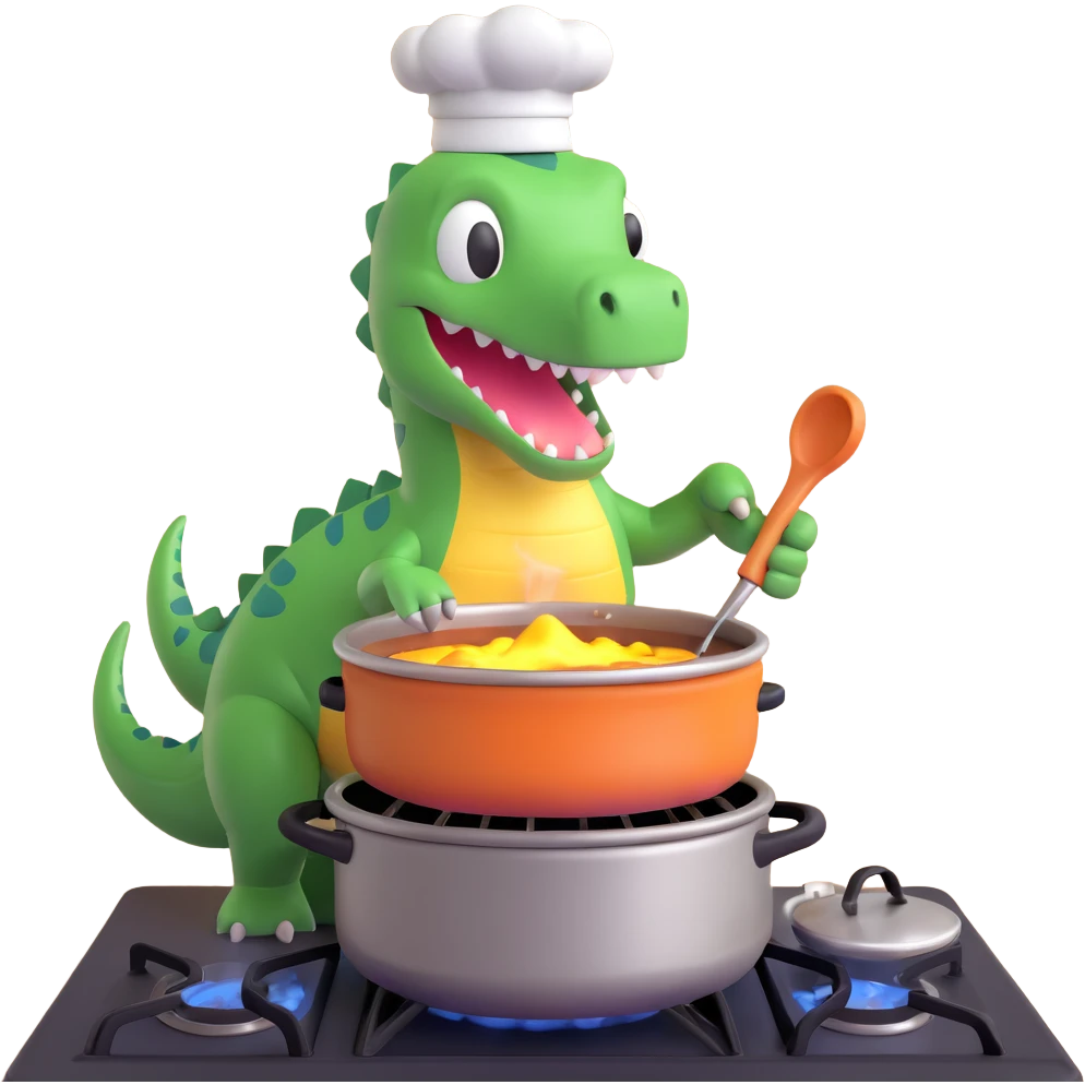 cute dinosaur cooking at a stove, stirring a pot, 3d emoji style emoji
