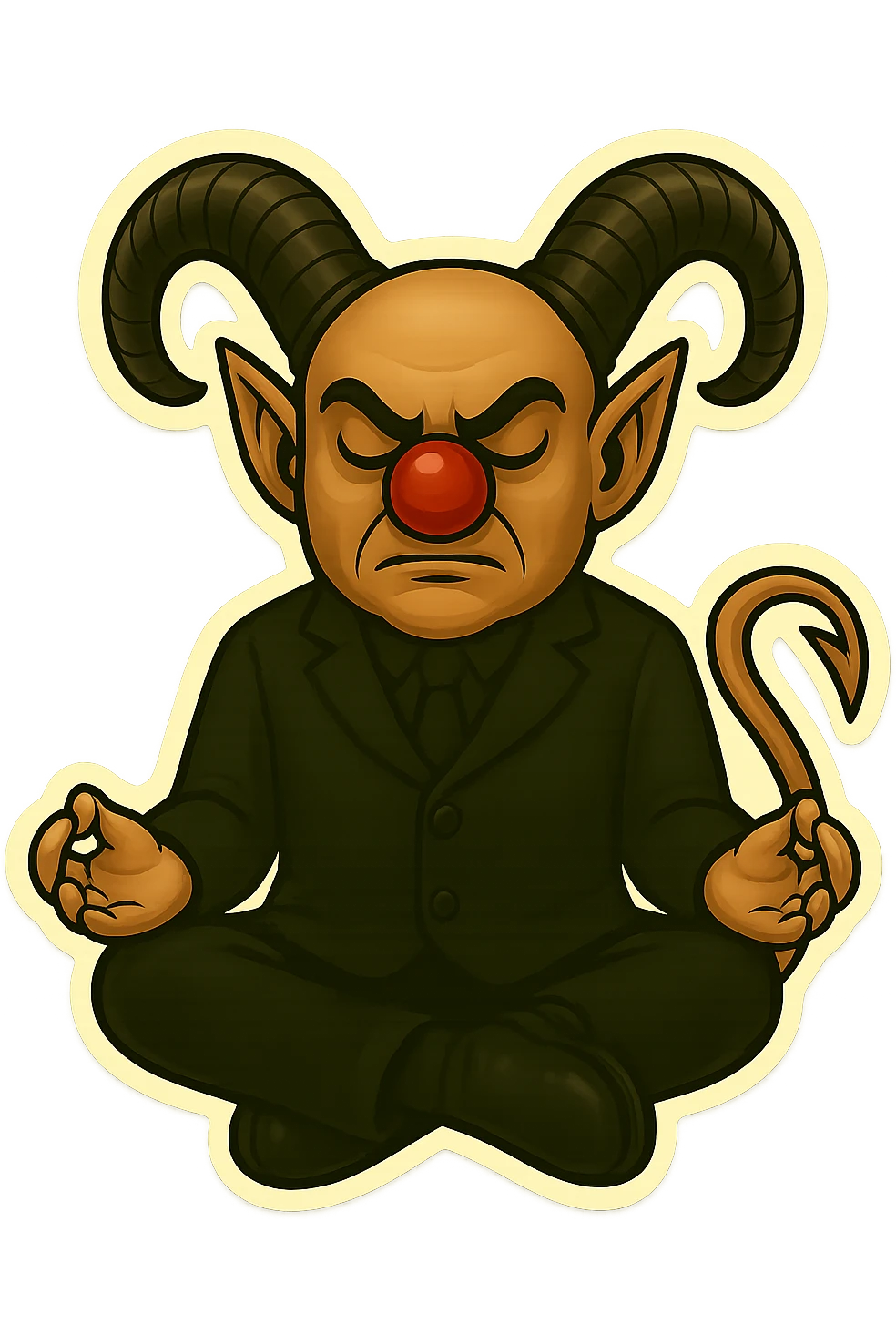 Evil clown wizard in retro sticker style, transparent background, sitting cross-legged and meditating, wearing an all black suit, no pentagrams. Use the reference images for face, horns, and tail. emoji