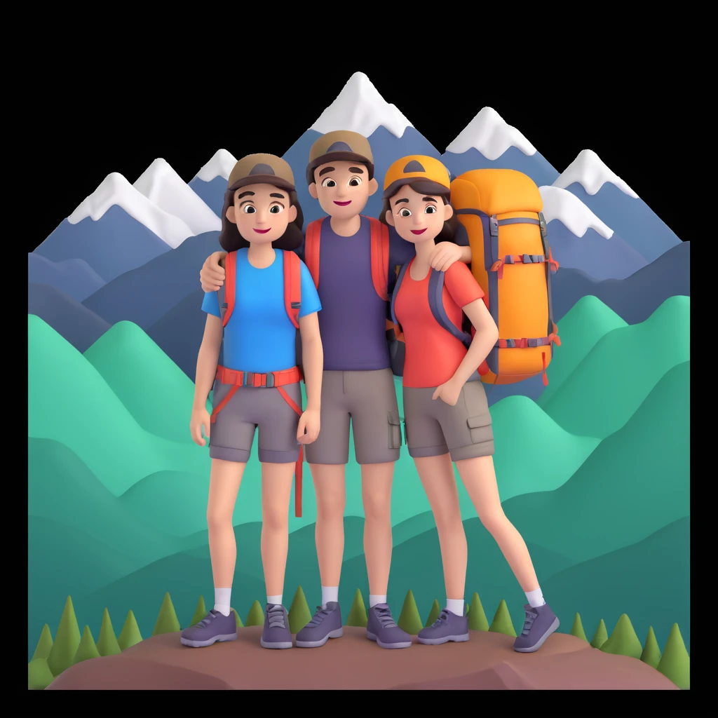 back packer couple posing, mountains in background,   close up pose emoji