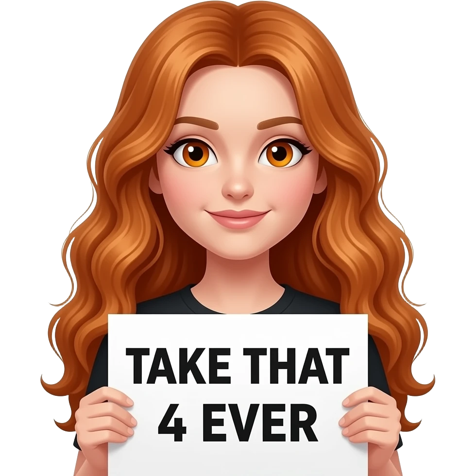 a sexy girl with long wavy ginger hair and ginger eyes is holding a TAKE THAT 4 EVERsign emoji