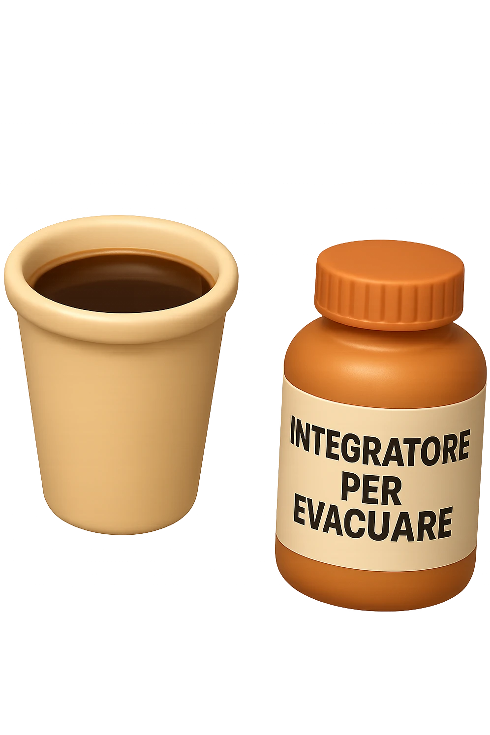 EMOJI STILE IPHONE 3D DI un caffè e di una boccetta di integratore con la scritta "INTEGRATORE PER EVACUARE" SULL'ETICHETTA CHE FLUTTUANO IN ARIA, iperrealistico 4k emoji