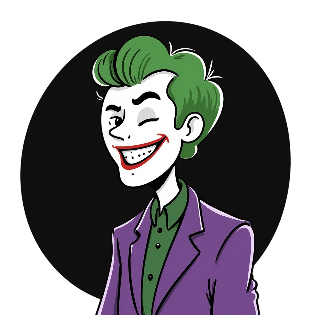 The Joker villain full body with green hair, purple suit, white face, red lips, maniacal laugh emoji