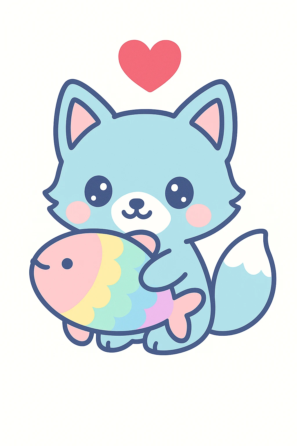 Add a red heart above the blue fox and rainbow fish in kawaii cartoon style. emoji