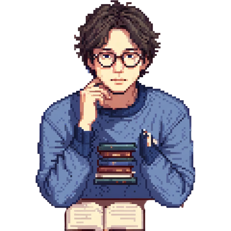 Flat pixel are, calm and curious male thinker, light skin, short tousled dark hair, round glasses, focused expression, wearing an indigo sweater, seated at a desk with open books, one hand resting under his chin in thought, waist-up, front-facing emoji