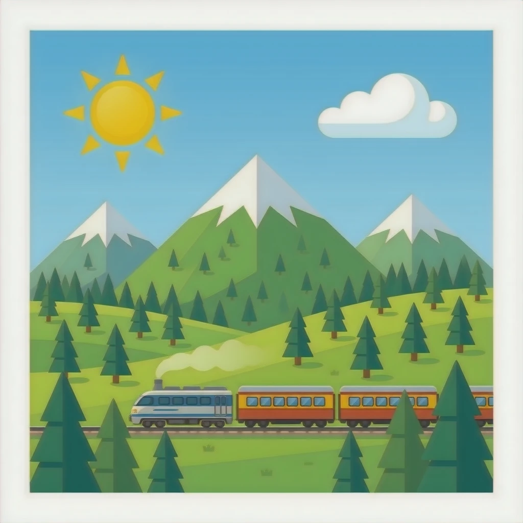 A train on a mountain of grass lots of trees and a sun emoji