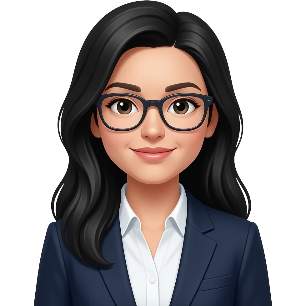 femme, cheveux longs noirs à lunette, tenue blouse blazer emoji