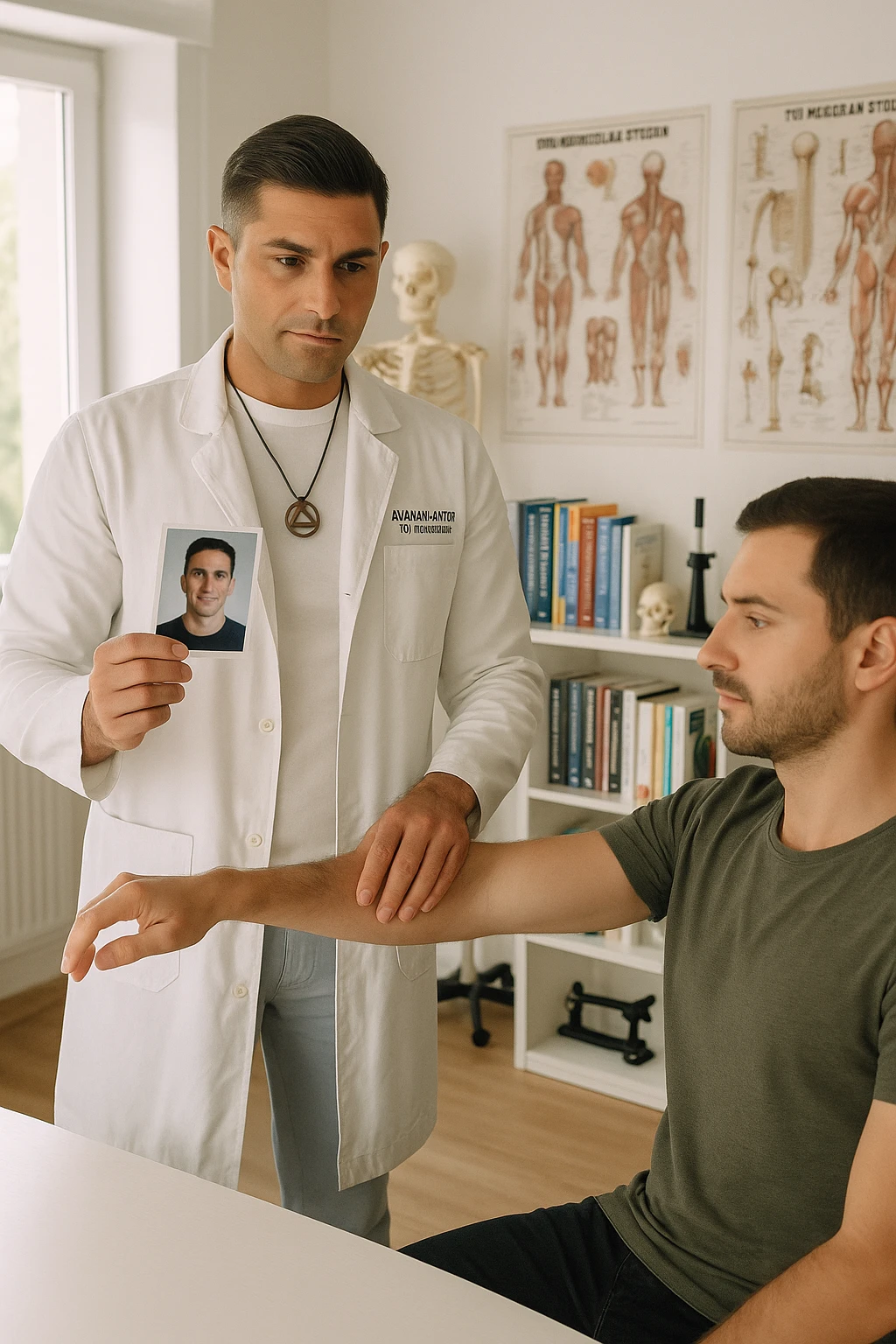 a middle-aged man, dressed in casual professional attire, is in a bright, organized therapy studio. Durante una visita di kinesiologia, il ragazzo tiene con una mano la foto di una persona lontana (il “testimone”) tiene la foto in mano, mentre con l’altra mano esegue un test muscolare su un cliente presente senza foto. Sullo sfondo si vedono libri di kinesiologia, poster anatomici e strumenti tipici della disciplina. L’atmosfera è concentrata e serena, con luce naturale che entra dalla finestra, sottolineando l’aspetto alternativo e umano della pratica. emoji
