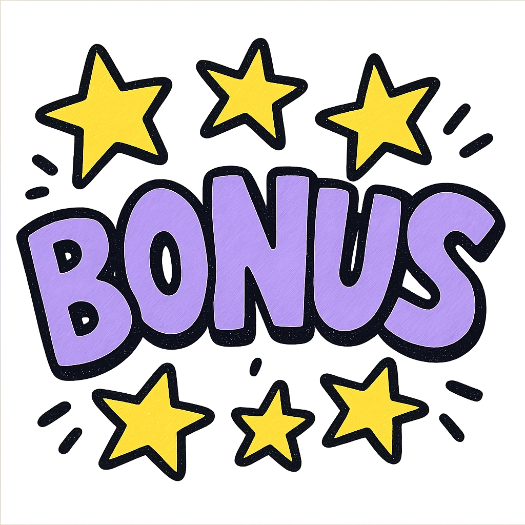 the word BONUS in large letters, all the same vibrant color, surrounded by stars, no background or sign behind, just the letters and stars, vibrant cartoon style QUIERO EXACTAMENTE IGUAL SOLO QUE LAS LETRAS DEBEN SER VIOLETA PASTEL Y LAS ESTRELLAS AMARILLAS emoji