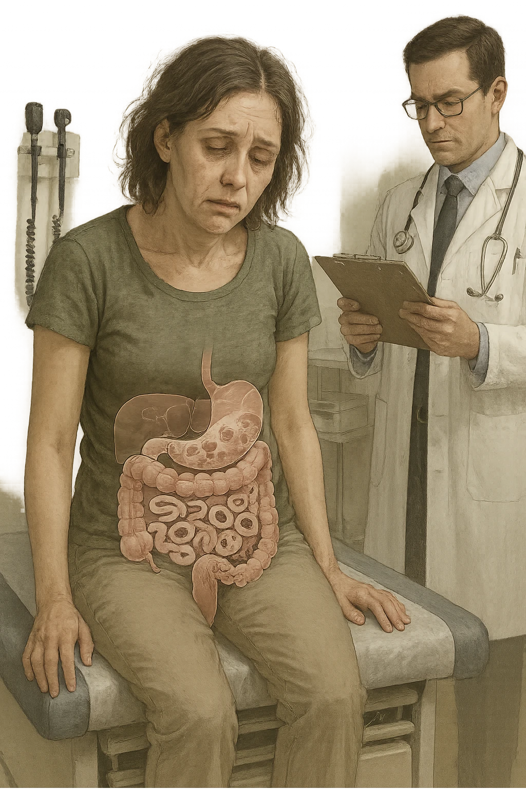 a woman in her 30s sits slumped on a doctor’s examination table, her face pale and eyes sunken with deep fatigue. A transparent overlay on her abdomen reveals stylized images of internal parasites, such as worms or protozoa, inside her digestive tract. The doctor stands nearby, reviewing medical charts. The mood is clinical and educational. emoji