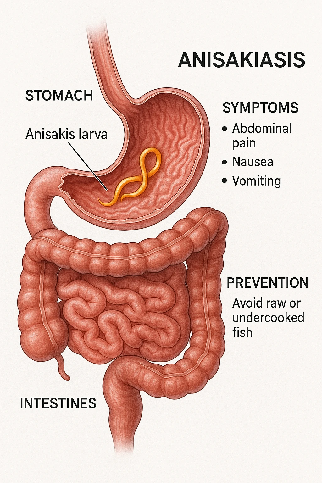 a cutaway view of the human digestive tract, showing an Anisakis larva attached to the stomach or intestinal wall. The parasite is highlighted in color, with surrounding tissue rendered in realistic detail. Educational labels describe symptoms and prevention. emoji