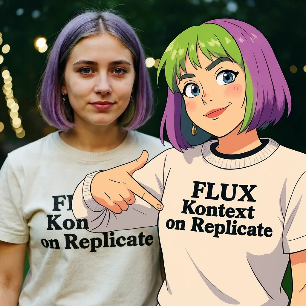 make a image of a girl with a anime version of that girl beside her wearing tshirt with text of just "FLUX Kontext" nothing else emoji