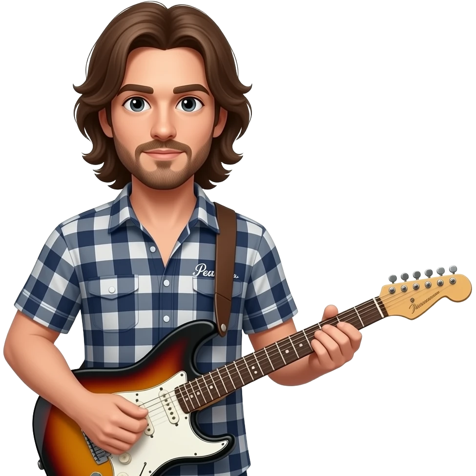 man with long brown hair, electro guitar, opened checkered shirt,  logo "pearl jam" on shirt emoji