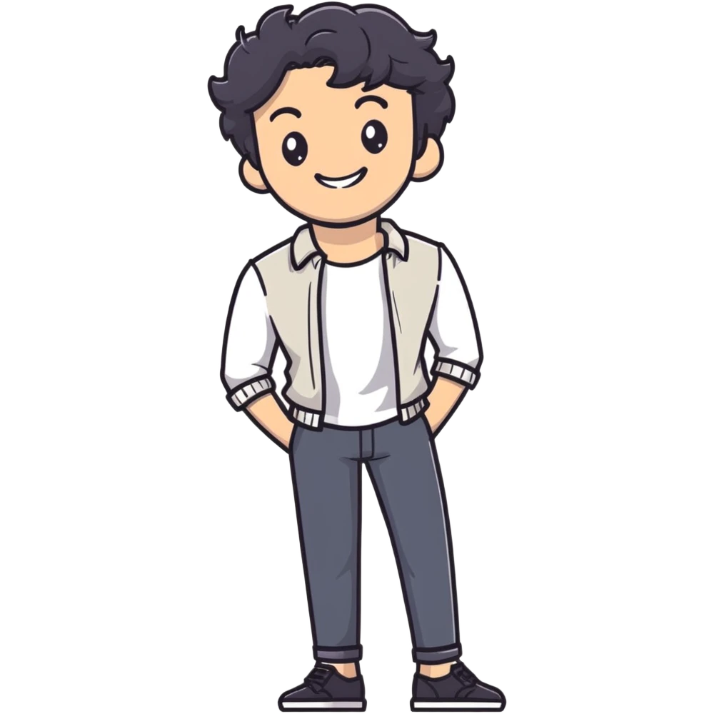 Casual business strategist with black wavy hair, stubble, strong features, white skin, wearing casual Friday outfit with no tie, leaning back relaxed, friendly smile, personal and approachable for Instagram profile emoji