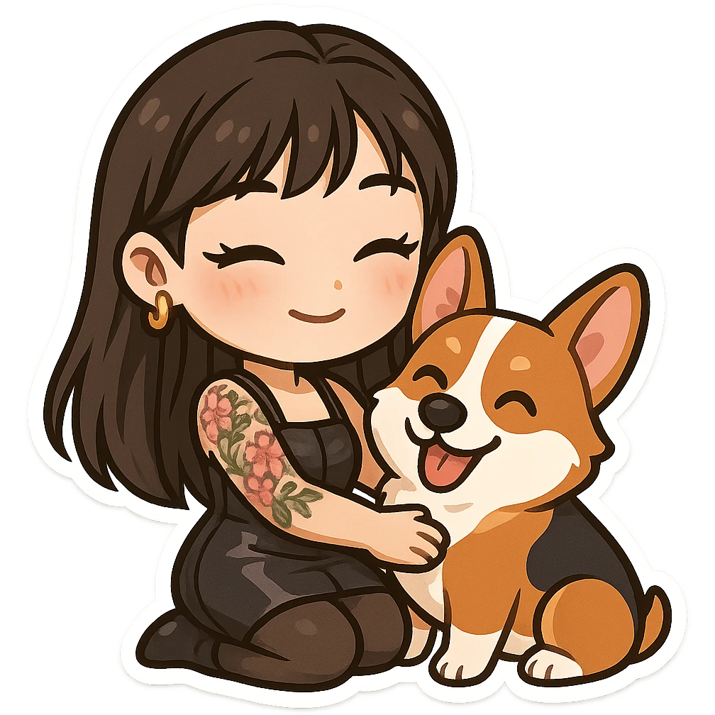 chibi sticker of an Asian girl with long hair and wispy bangs, black leather dress, gold earrings, subtle false lashes, and a 3/4 sleeve tattoo with flowers on her left arm, hugging a cheerful red head tri-color corgi, simplified, emoji-like emoji