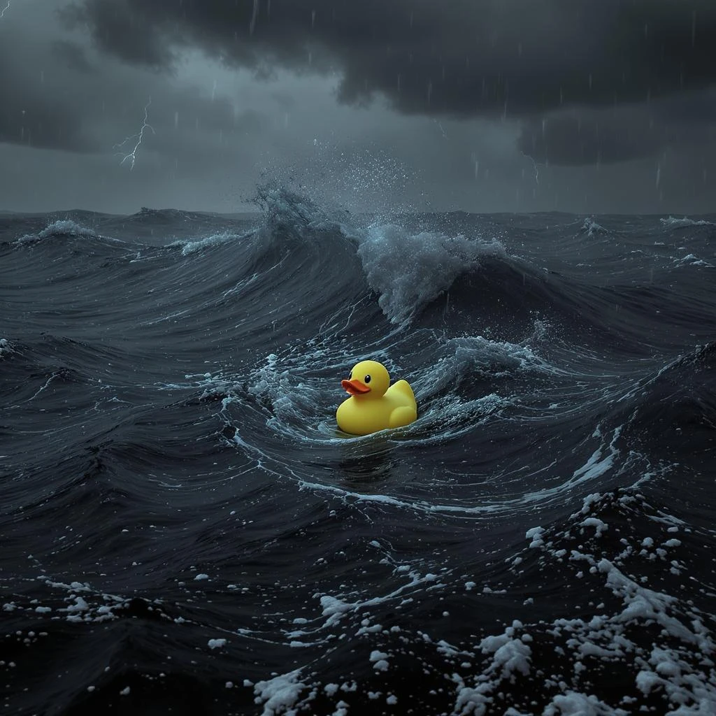 Extreme Closeup shot of Yellow duck toy on ocean during cloudy day, stormy sea, Camera from top, inspired by interstellar emoji