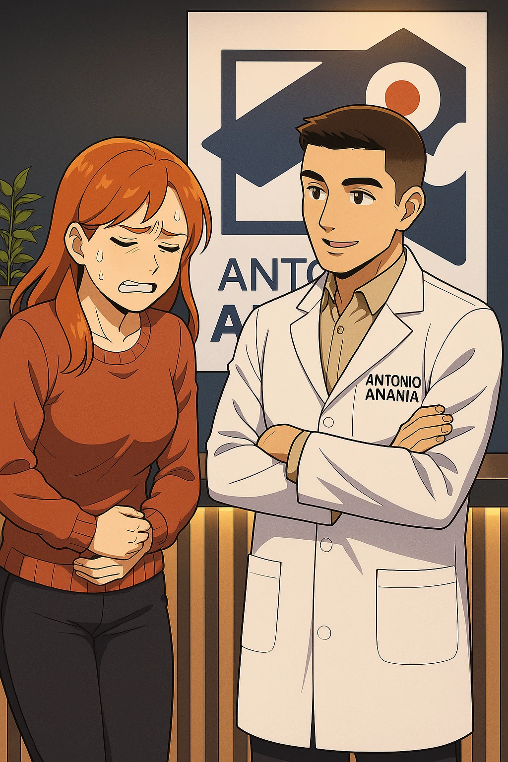 su questo stile fai un manga/webtoon a colori in cui una donna che parla esasperata dal suo problema, l'uomo della foto in stile manga gli risponde, mantieni un ambiente simile alla foto che ho allegato con il suo logo (sarebbe il suo studio, lui è un kinesiologo), scrivigli "ANTONIO ANANIA" sul camice bianco, non mettere fumetti, ma fai in modo che sembri che la donna chiede una cosa e l'uomo risponde alla sua domanda emoji