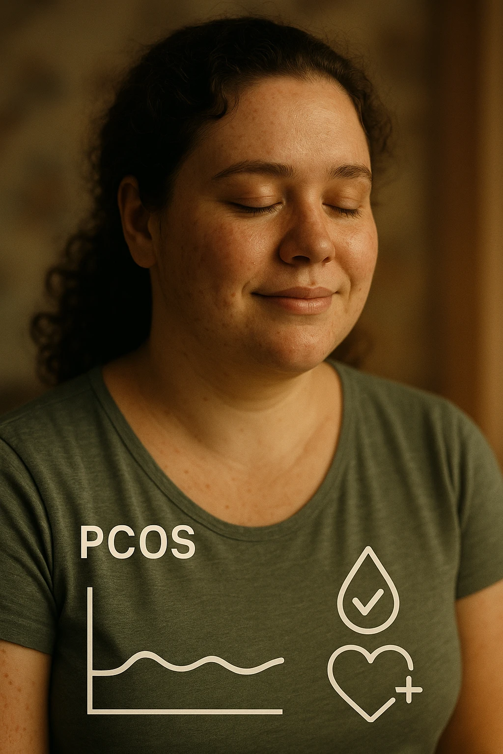 realistic cinematic portrait of a woman with PCOS, positive atmosphere, serene expression, symbols of stable blood sugar like stable graph and health visuals, vertical 2:3 aspect ratio, very few text emoji