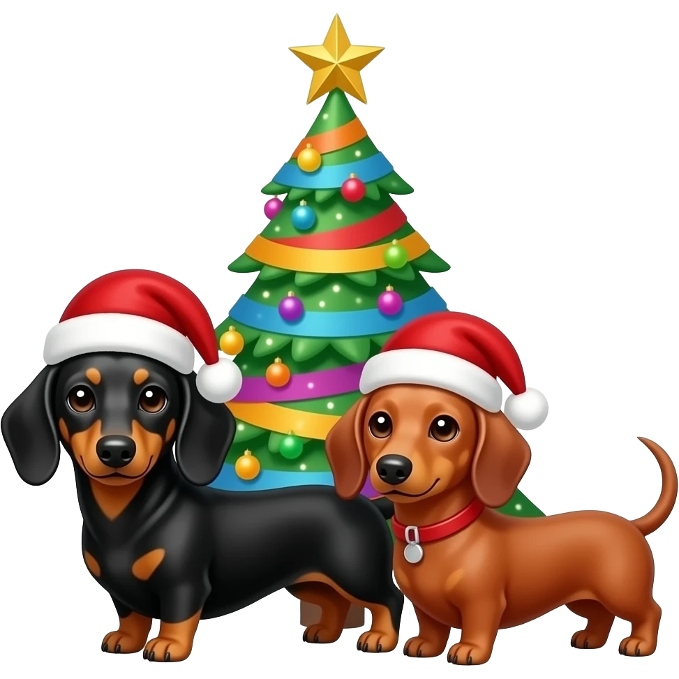 1 black and tan dachshund and 1 red dachshund with Santa hats by a colourful multicoloured Christmas tree with a golden star on top emoji