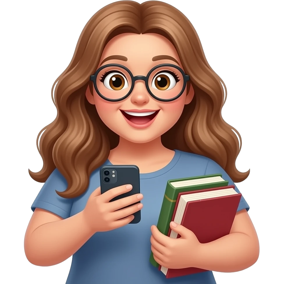 detailed emoji illustration of a curvy woman with long light brown wavy hair, light brown eyes and round glasses holding her phone while adding books to an online cart, excited shopping expression, cute emoji style emoji