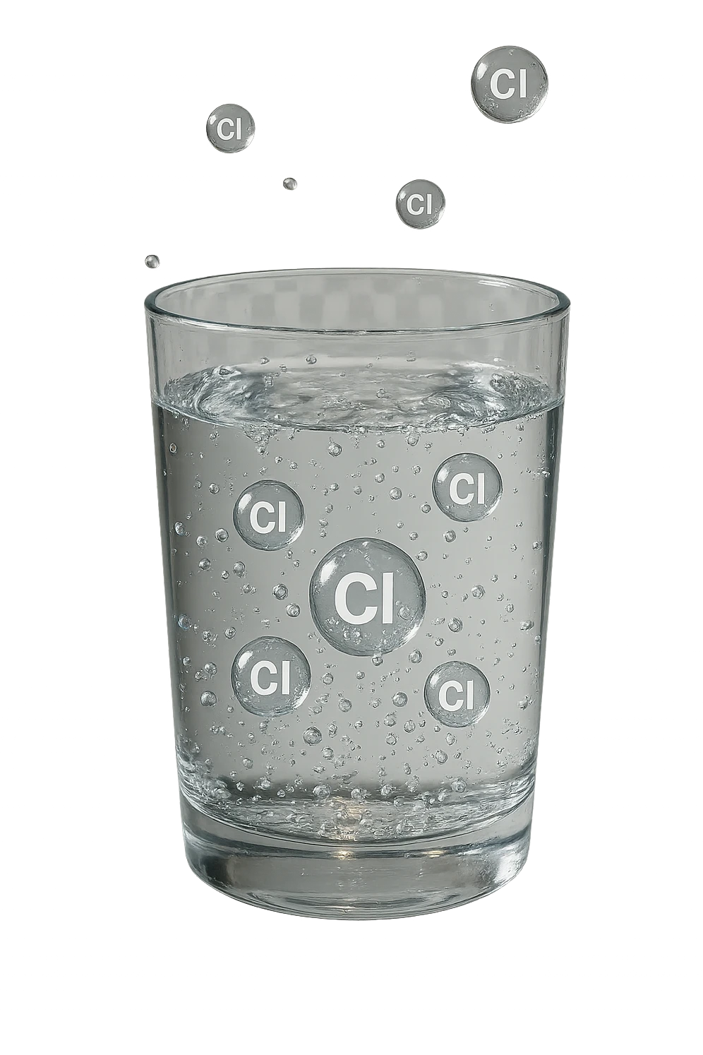 un bicchiere di acqua fluttua in aria realistico e dettagliato, dentro l'acqua del bicchiere ci sono particelle di cloro ben visibili con la scritta "Cl" sopra, ci sono particelle anche che escono dal bicchiere e fluttuan
o in aria verticalmente, mentre alcune sono all'interno dell'acqua nel bicchiere, iperrealistico 4k emoji