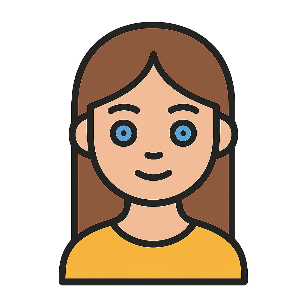 minimal flat icon style portrait of a girl with long straight brunette hair and blue eyes emoji