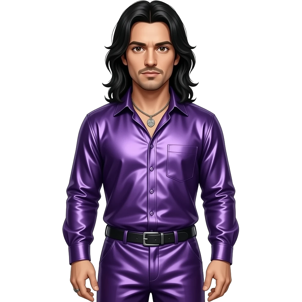 Jonathan Davis with brown eyes, long black hair, purple metallic metal shirt, purple metallic metal baggy pants, necklace emoji