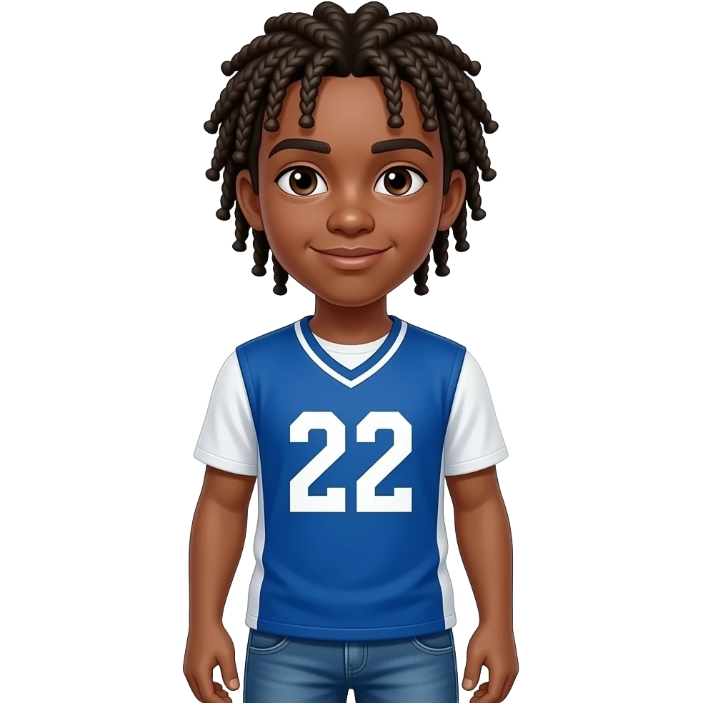 African American teenage boy with cornrow braids wearing a blue and white jersey shirt with 22 on it wearing jeans emoji