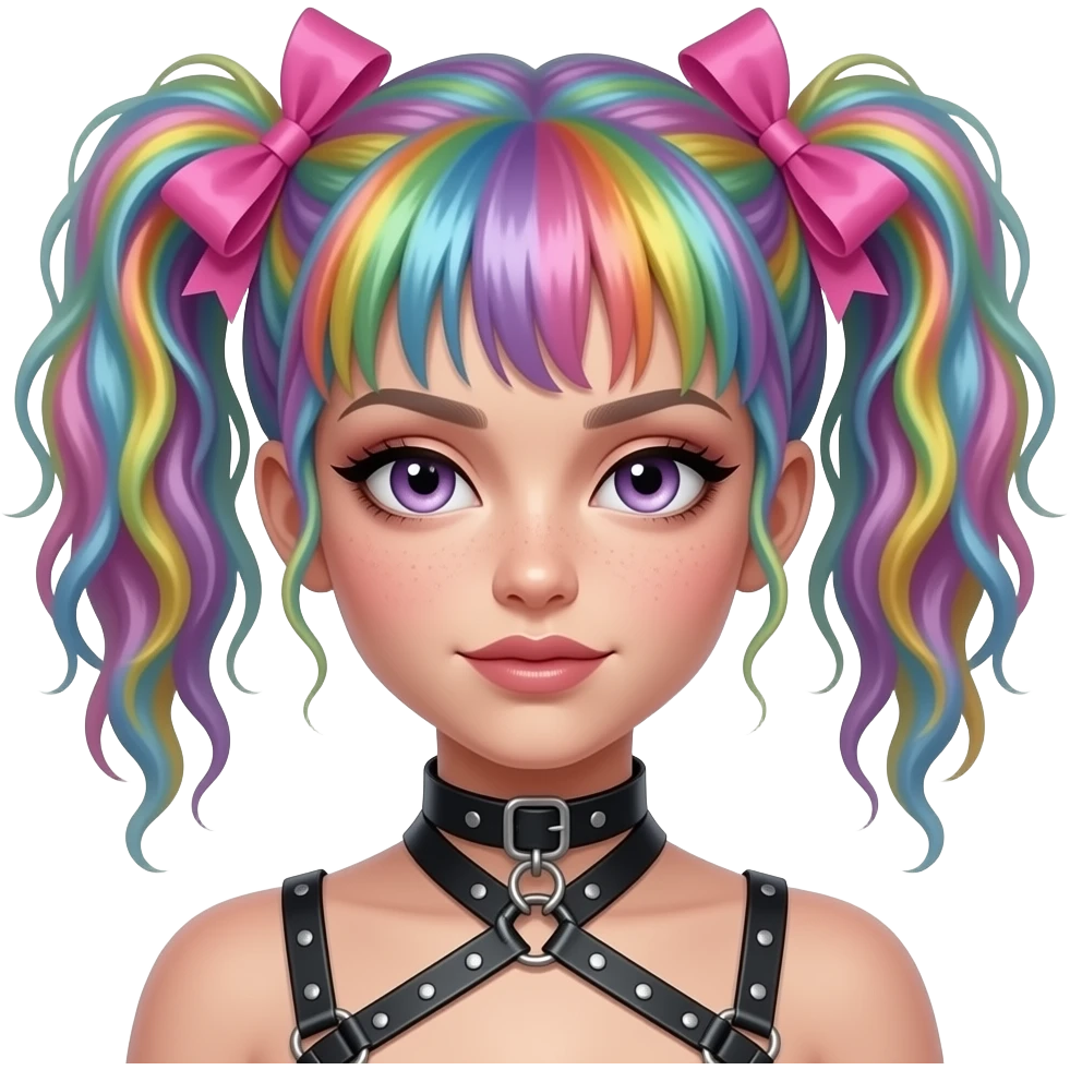 Baphomet babe freak with messy, frazzled, washed-out rainbow dyed loose space buns with frilly girly pink hair bows and bondage restraints emoji