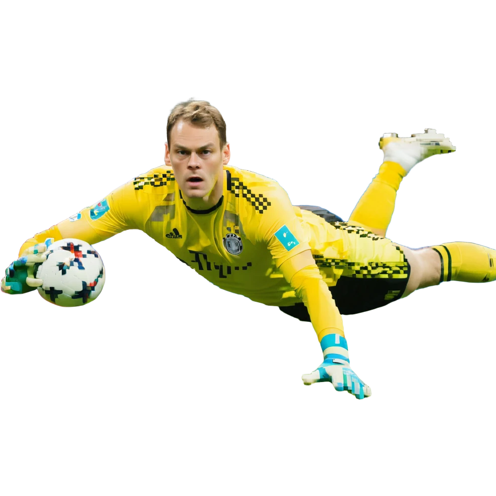 Manuel Neuer, diving save, yellow jersey, football in hand, determined expression emoji