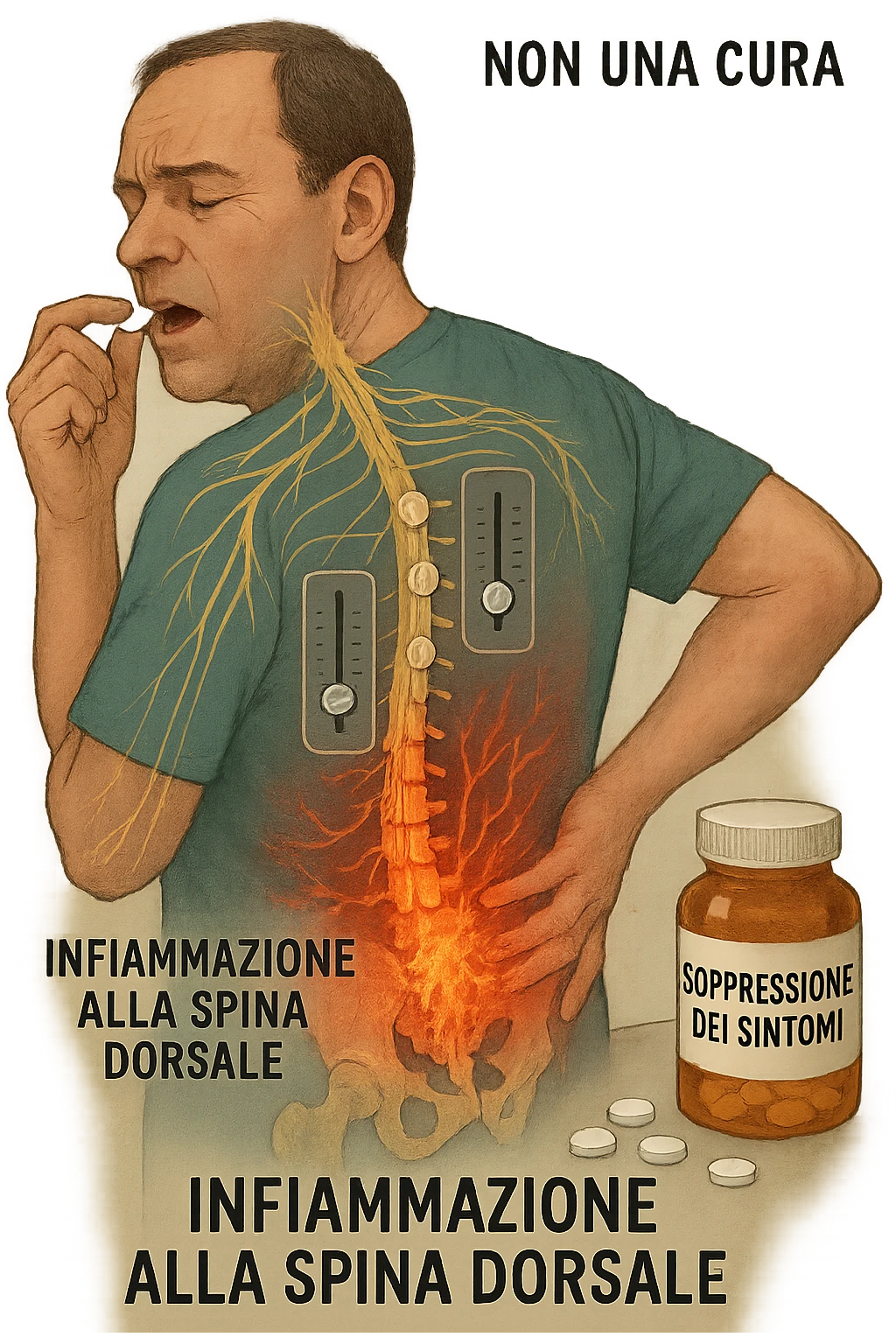 Man taking pain medication for chronic back pain, pills shown as dimmer switches turning down pain signals in transparent nervous system overlay, underlying spinal damage remaining completely untreated and worsening, expression of temporary relief masking progressive deterioration, medication bottle labeled 'symptom suppression' not 'cure', root cause inflammation continuing to spread in italiano emoji