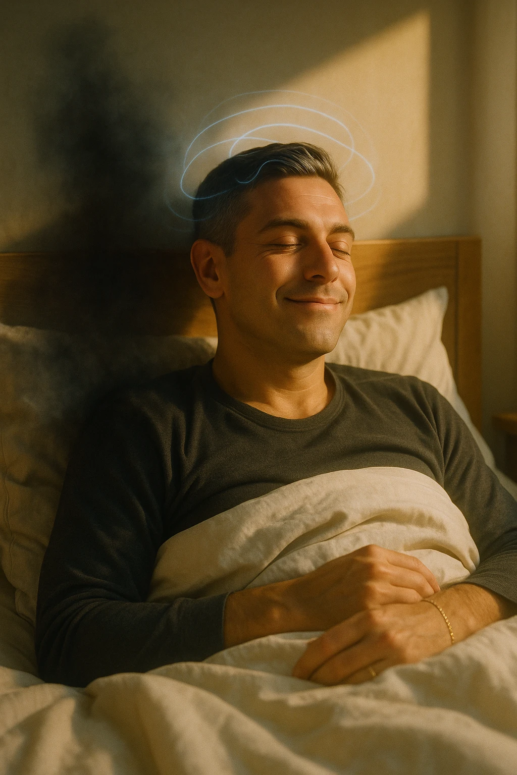 A cinematic image of a man in his mid-30s lying in bed, just waking up from deep sleep. His expression is calm and visibly transformed — a sense of inner peace, relief and subtle joy on his face. Soft morning light enters the room, casting gentle golden tones over his features. His eyes sono ancora semi chiusi, ma il viso è disteso, come se un grande peso fosse stato rilasciato durante la notte. Accanto a lui, simbolicamente sfocato, un’ombra o un alone scuro si dissolve, rappresentando il malessere notturno superato. Intorno alla sua testa, leggere onde di luce azzurra o bianca simboleggiano l’attività cerebrale rigenerativa della fase REM. La camera è ordinata, minimalista, con materiali naturali. L’atmosfera è serena, rigenerativa, intima. Shot in 35mm film style, high realism, shallow depth of field, warm highlights and clean shadows. emoji