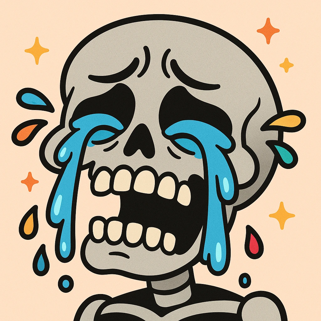 grey crying skull, cartoon style, expressive tears, colorful, bold lines emoji