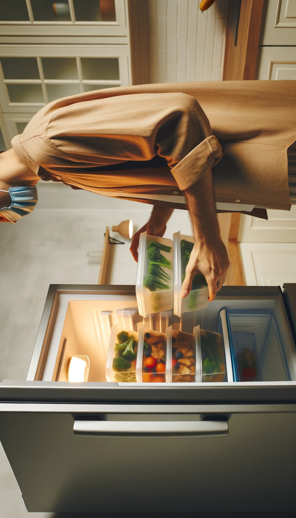corpo umano di spalle che mette una schiscetta con del cibo già cotto in frigo, sfondo neutro chiaro emoji