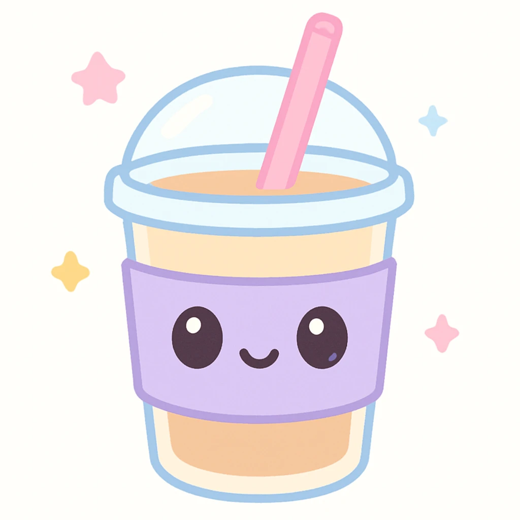 sweet tea cup with a lavender colored sleeve and a pink straw, kawaii style emoji