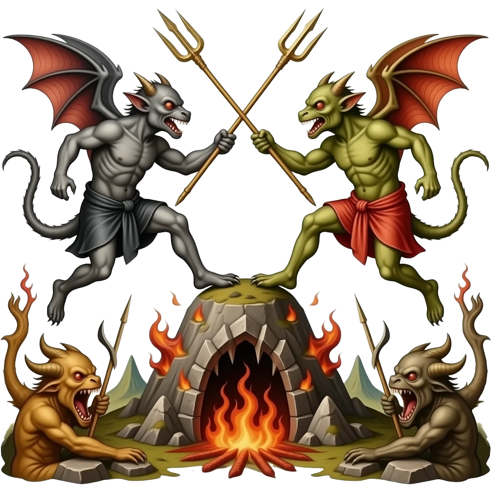 two phantasmagorical creatures from Hieronymus Bosch's painting from the scene of Hell, jump on each other, fight and stab with tridents emoji