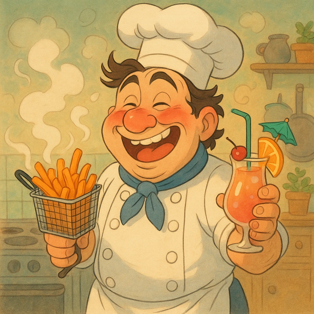 A tipsy chef with flushed cheeks, holding a fryer basket of steaming fries, mocktail in the other hand, exaggerated features, fun and lively, ghibli style emoji