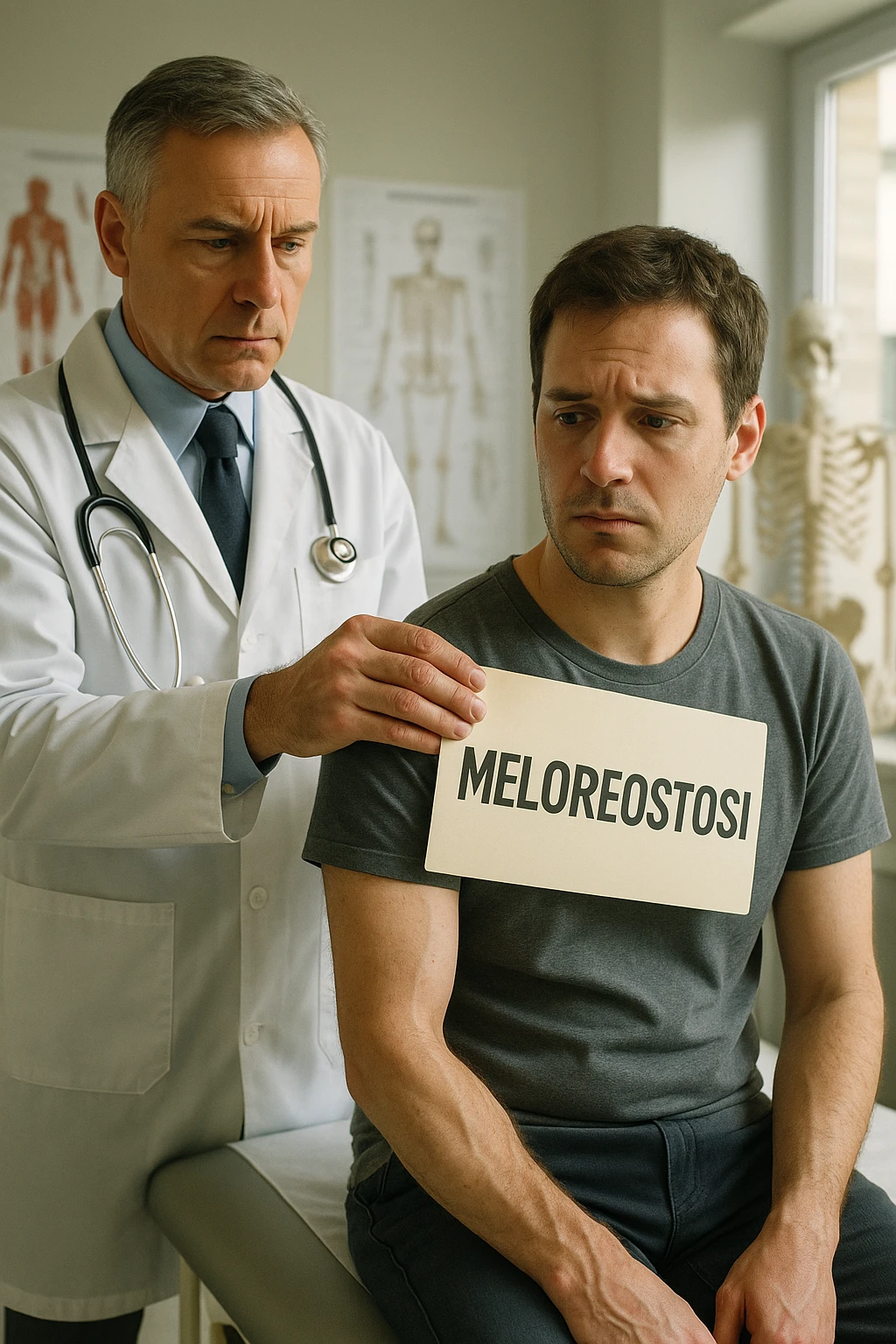 A realistic, cinematic illustration set in a bright, modern medical office. A middle-aged doctor in a white lab coat with a serious expression is shown gently placing a large paper label on the shoulder of a male patient sitting on the examination table. The label has the word 'Meloreostosi' written on it, symbolizing the act of labeling the patient with his rare bone condition. The patient looks confused and slightly disheartened, wearing a simple t-shirt with part of his arm exposed, showing subtle signs of bone thickening or deformation associated with melorheostosis. The background includes medical charts and a softly blurred skeleton model, emphasizing the medical setting. The lighting is bright but neutral, conveying a sterile, clinical atmosphere while focusing on the symbolic moment of receiving a diagnosis label. The mood is introspective and slightly heavy, illustrating the emotional weight of being defined by a rare chronic condition in italiano emoji
