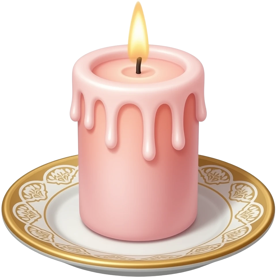 Thin tall neat petite cute slim dainty narrow Pastel Reddish-pinkish vintage candle on a tiny narrow gold and white plate emoji